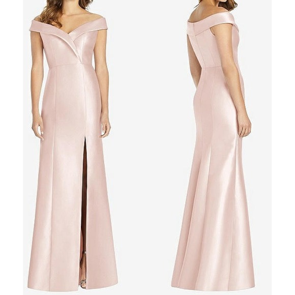 NWT Alfred Sung Size 14 OFF-THE-SHOULDER CUFF TRUMPET GOWN FRONT SLIT BLUSH Pink - Picture 1 of 10
